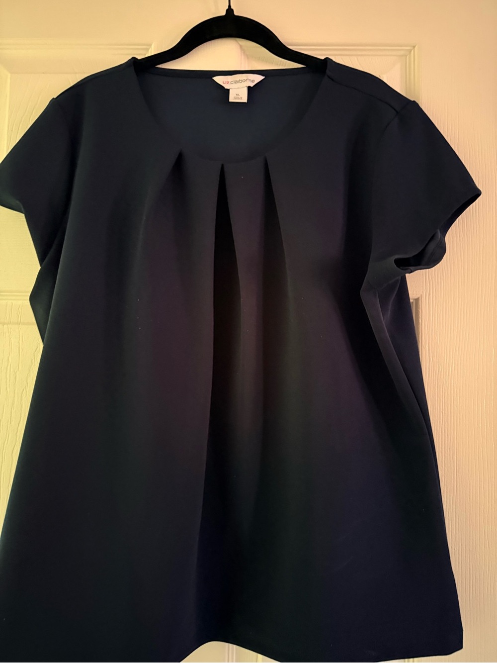 Claiborne Navy Short Sleeve Pleated Front Blouse